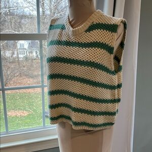 LA MIEL Green and Cream Striped V-Neck Sweater Vest